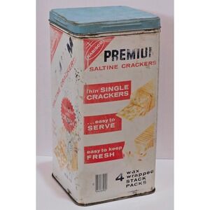 Vintage Nabisco Premium Saltine Crackers Tin Blue Lid 14oz Metal Advertising